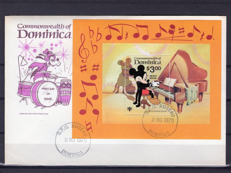 Dominica 1979 #653 I.Y.C. Walt Disney/Piano/M.Mouse S/S Official FDC