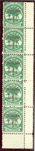 SG 90 Samoa ½d dull blue green. Vertical marginal strip of 5. Very fresh