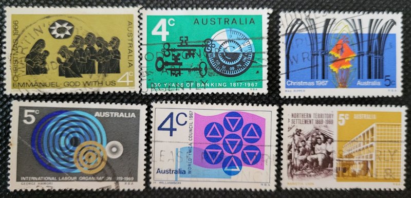 Australia, 1966-69, Six commemoratives, #422,425,427,429,459,461, SCV$1.50