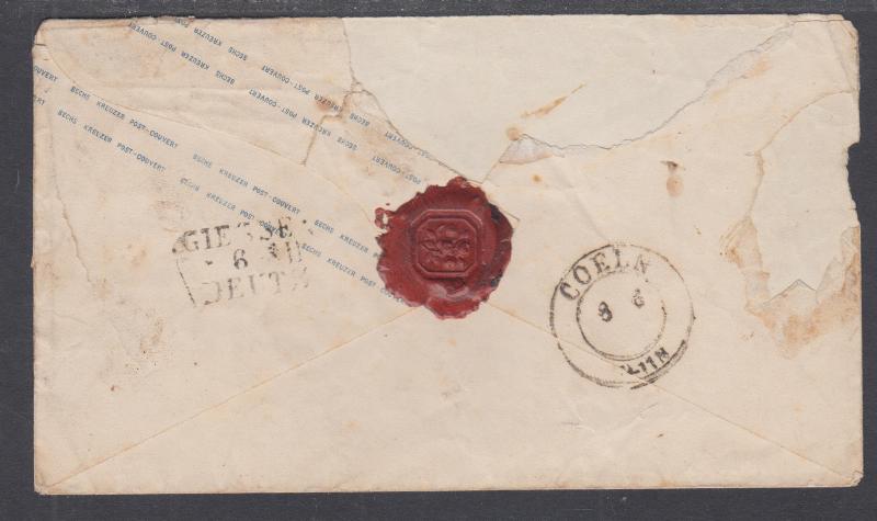 Thurn & Taxis H&G B7 used 1861 6kr blue Envelope, Giessen to Coeln