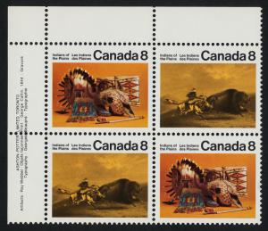 Canada 563a TL Plate Block MNH Art, Plains Indians, Horse, Buffalo chase