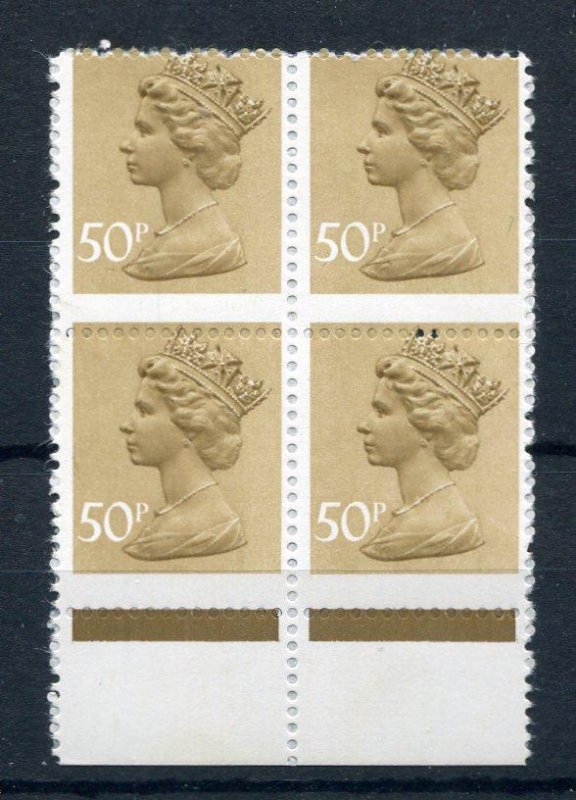 50p MACHIN UNMOUNTED MINT BLOCK + PERFORATION SHIFT