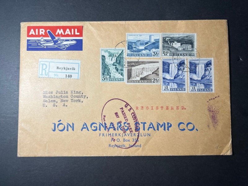 1956 Registered Iceland Airmail Cover Reykjavik to Salem NY USA Jon Agnars Stamp