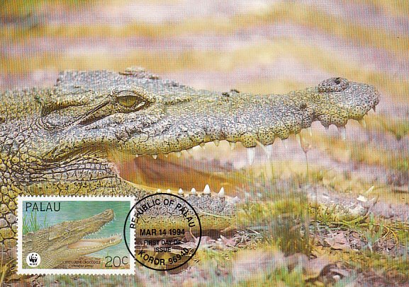 Palau 1994 Maxicard Sc #323a 20c Estuarine crocodile WWF