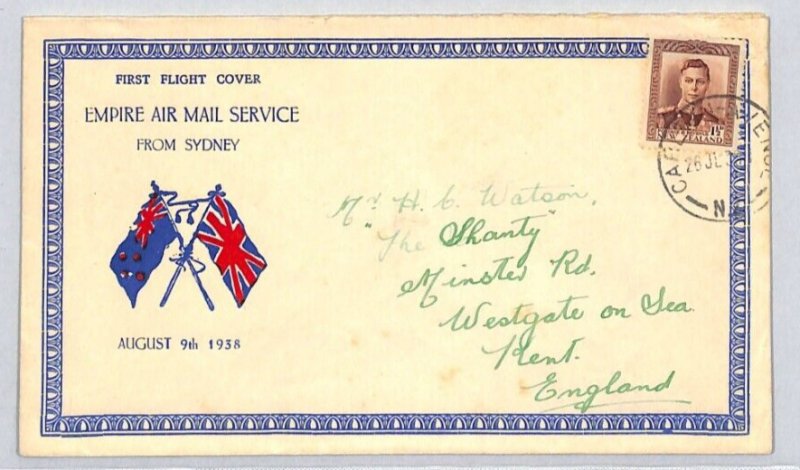 NEW ZEALAND Air Mail FIRST FLIGHT GB via AUSTRALIA Wanganui Westgate 1938 ZC189 