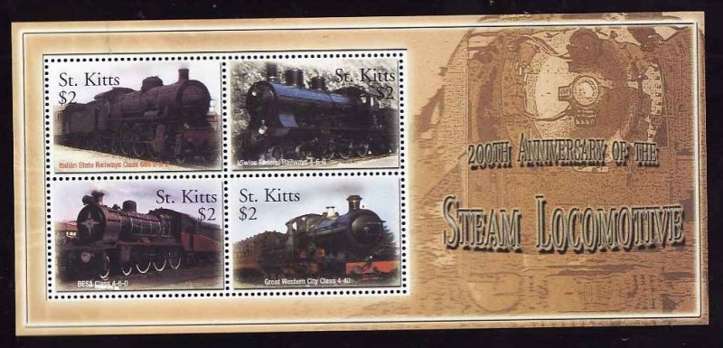 St. Kitts-Sc#595-sheet-unused-NH-Trains-Locomotives-Railways