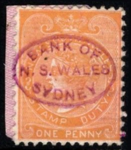 New South Wales (Australia) Revenue Queen Victoria One Penny Stamp Duty Used