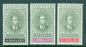 Sarawak Revenue stamps 1918. $4, $5 & $10. Lightly mounted mint. Scarce