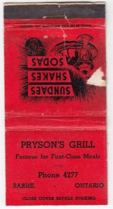 Canada Revenue 3/10¢ Excise Tax Matchbook PRYSON'S GRILL Barrie, Ontario