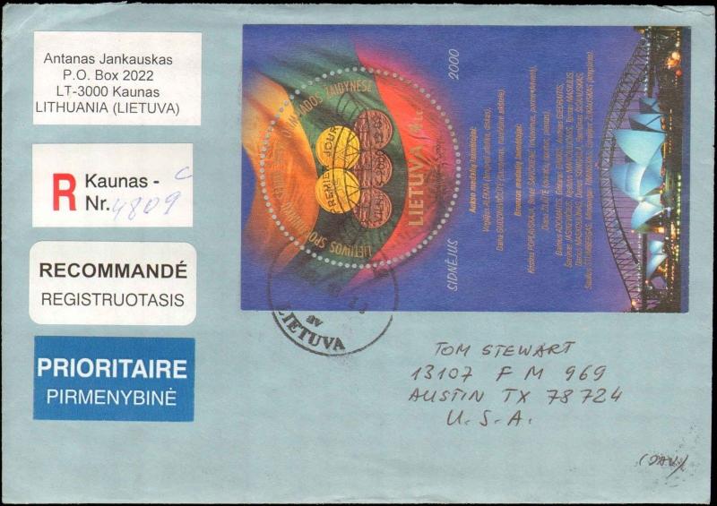 2002 LITHUANIA REGISTERED SOUVENIR SHEET TO UNITED STATES