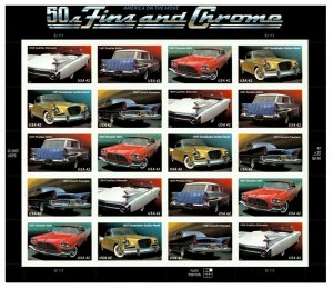 50's Car Fins and Chrome Sheet of Twenty 42 Cent Postage Stamps Scott 4353-57