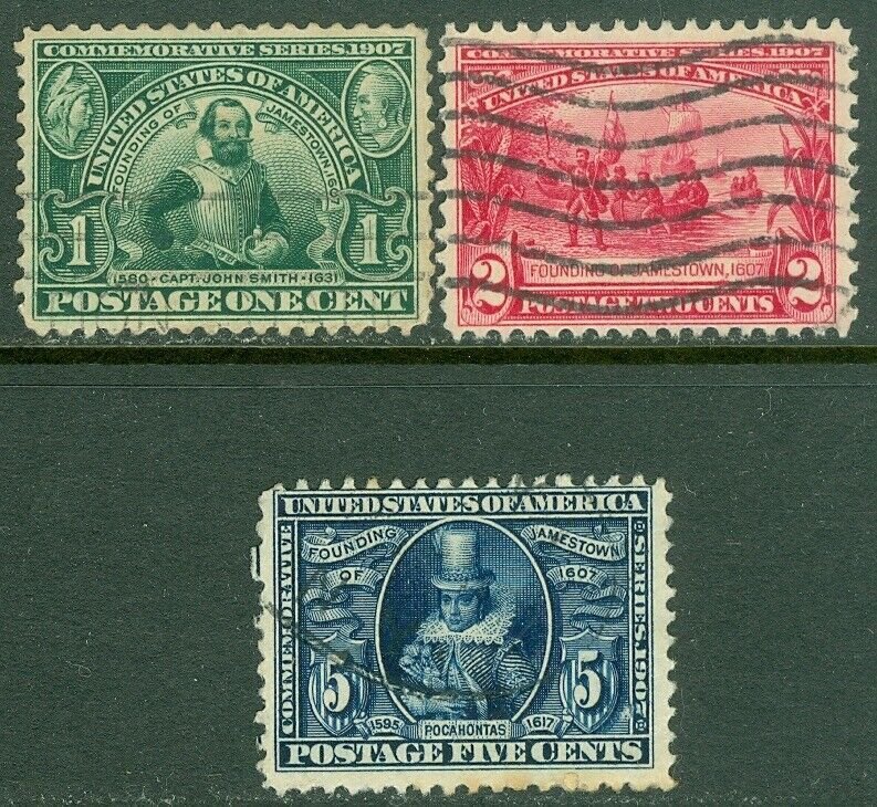 EDW1949SELL : USA 1907 Scott #328-30 Fine, Used. Light cancels. Catalog $42.00.