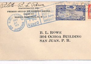 DOMINICAN REP Air PILOT*Basil Rowe* SIGNED Cover 1928 FIRST FLIGHT SAN JUAN YV80