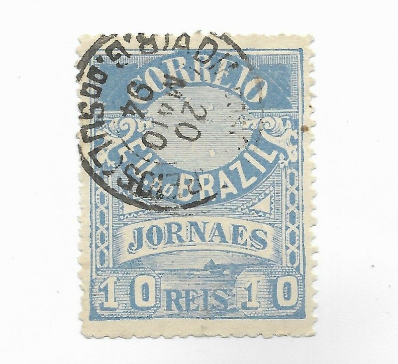 BRAZIL YEAR 1890 NEWSPAPER STAMP JORNAES 10R BLUE SCOTT P19 USED VF