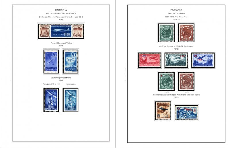 COLOR PRINTED ROMANIA AIRMAIL 1928-2000 STAMP ALBUM PAGES (56 illustrated pages)