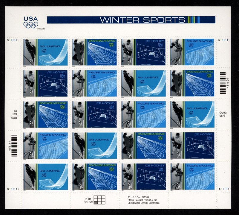 SCOTT 3552-55 2002 34 CENT WINTER OLYMPICS ISSUE MINT SHEET NH VF CAT $19!