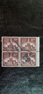 US Scott # 1044; used 10c Independence Hall, 1956; blk of 4; VF centering