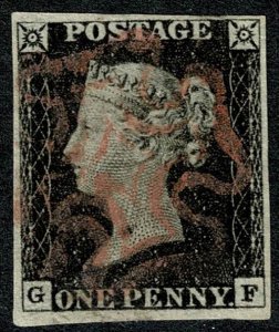 GB 1d Black GF Plate 2. Cancelled by PINK Maltese cross. Brandon Certificate.