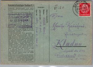 1941 Germany Dachau Concentration Camp Cover to Kladno BM Karl Kasak KZ