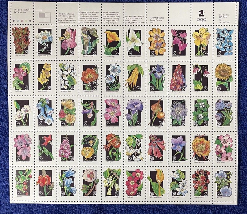 Scott #2647-96, 29c Wildflowers Sheet of 50 Different Stamps. Mint sheet, MNH