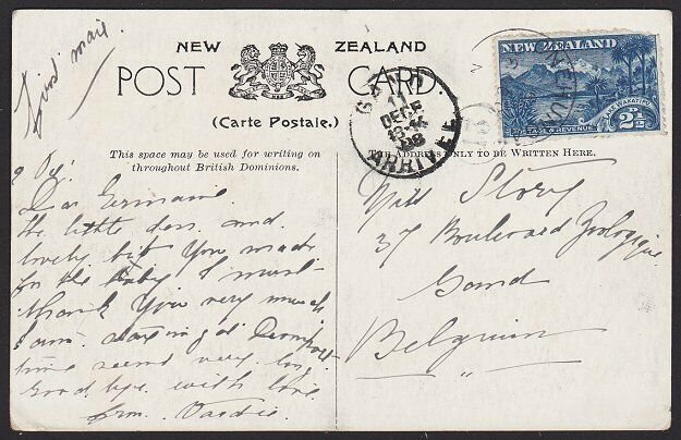 NEW ZEALAND 1908 Unusual use 2½d Wakatipu on postcard to Belgium............2713