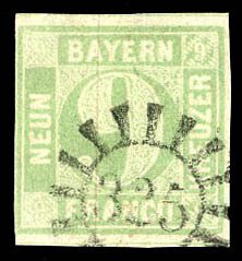 German States, Bavaria #6 (Mi. 5aaIII) Cat€280, 1850 9kr yellow green, type...