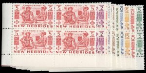 New Hebrides #66-76 Cat$117.40, 1953 5c-5fr, complete set in blocks of four, ...