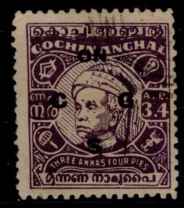INDIAN STATES - Cochin GVI SG O99b, 3a 4p violet, FU. Cat Tail to Turban