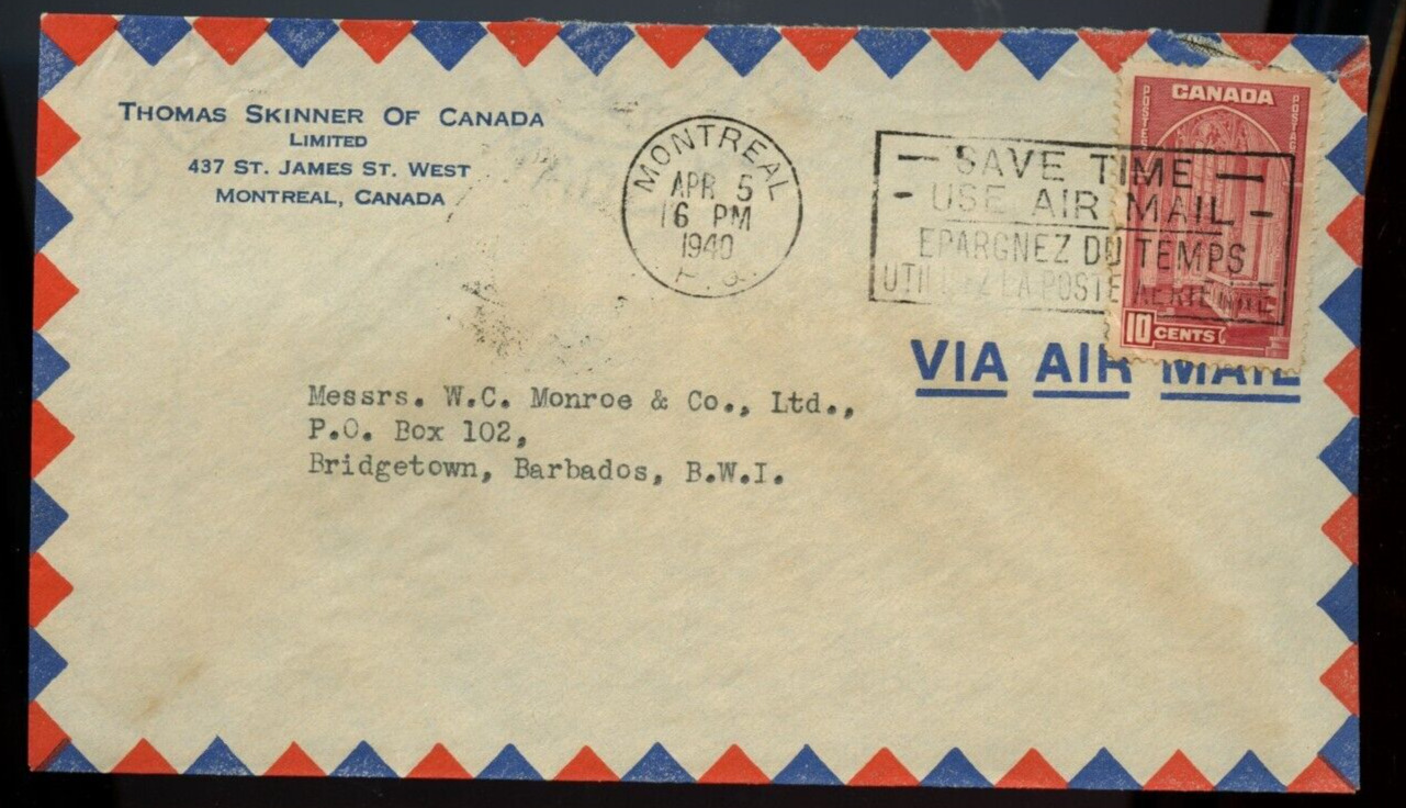 ? 10c per 1/4oz airmail rate, 1940 to BARBADOS Canada cover 241 single