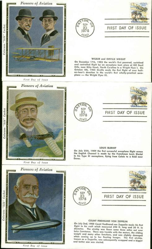 US FDC #C91-#C92 Set of 6 Colorano Cachets Dayton, OH Wright Brothers