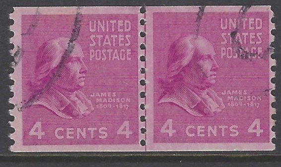 United States, Scott #843; 4c James Madison Joint Line Pair, Used