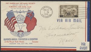 1940 American Air Mail Society Convention Cover Flag Cachet Toronto Slogan