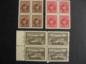 Canada 3 different MNH OHMS perfin blocks of 4, see pictures!