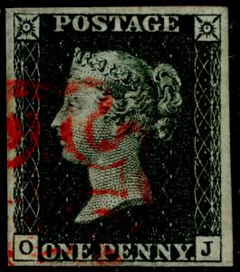 SG2, 1d black plate 4, FINE USED. Cat £400. RED MX. 4 MARGINS. OJ