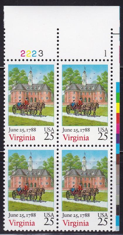 United States 1988 25c Virginia Statehoood Issue Plate Number Block VF/NH
