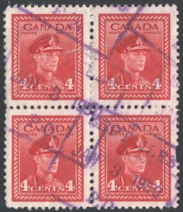 Canada SC#254 4¢ King George VI in Military Uniform Block of Four (1943) Used