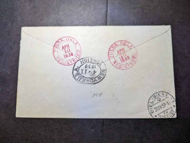 1939 Registered USA Airmail Cover Tulsa OK to Bienne Switzerland