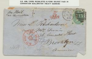 GB-NEW YORK 1863 COVER+ UNLISTED NY BR.POST PAID H/S, 1sh PL#1 RATED (SEE BELOW