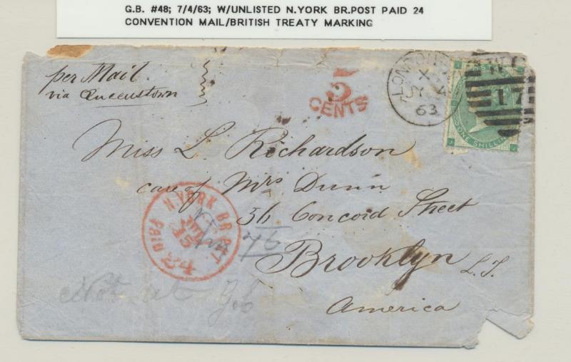 GB-NEW YORK 1863 COVER+ UNLISTED NY BR.POST PAID H/S, 1sh PL#1 RATED (SEE BELOW