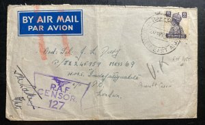 1940s RAF Post South East Asia Censored Airmail India Cover To London England