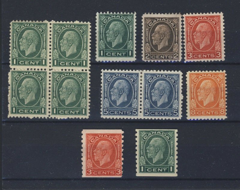 12x Canada Cameo George V Stamps 4x1c 195-196-197-199 Pair-200-205-207 GV=$85.00