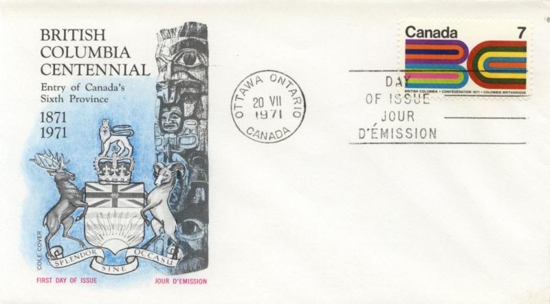 1971 Canada British Columbia Centennial 552 Cole FDC 