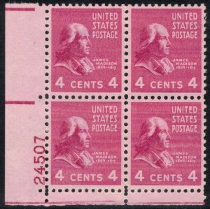 US 1938 4c Madison Plate Block; Scott 808; MNH