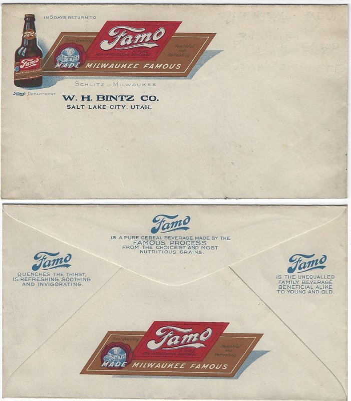 Circa 1920 – Unused Famo advertising - Schlitz Prohibition drink.  E1302