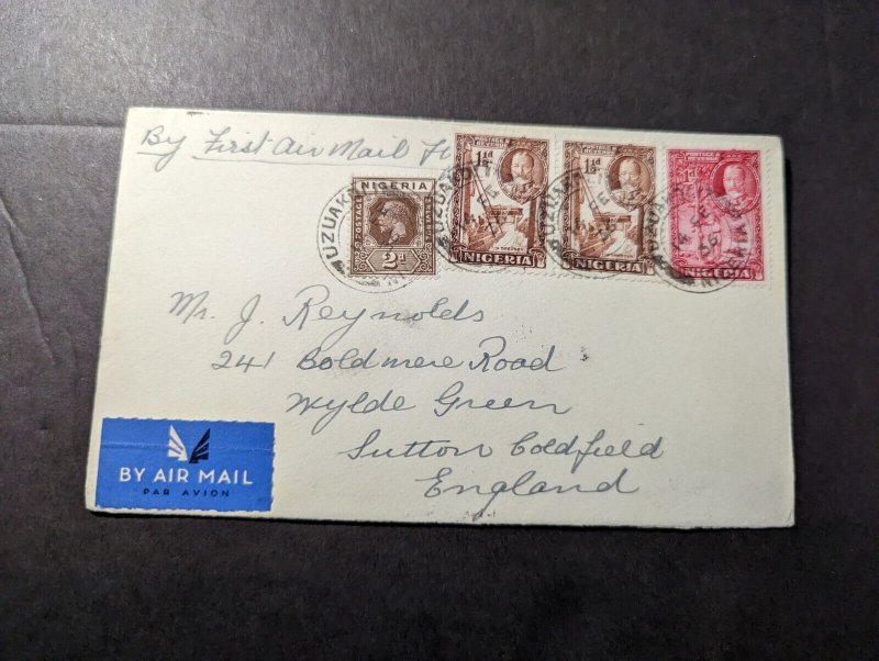 1936 Nigeria Airmail First Flight Cover FFC Uzuakoli to Sutton Coldfield England