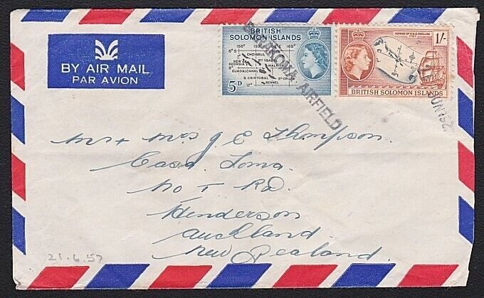 SOLOMON IS 1957 cover with small type BARAKOMA AIRFIELD cancels............A7763