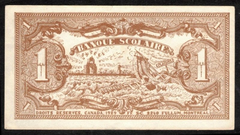 CANADA, QUEBEC 1929 VINTAGE $1. SCHOOL BANK PAPER MONEY, MEMORABILIA CINDERELLA