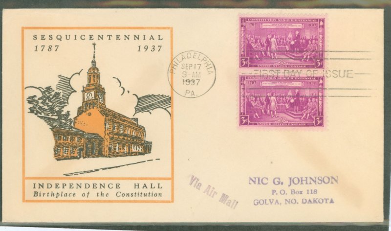 US 798 1937 3c 150th Anniversary of the Constitution (pair) on an addressed FDC with a Linprint Cachet