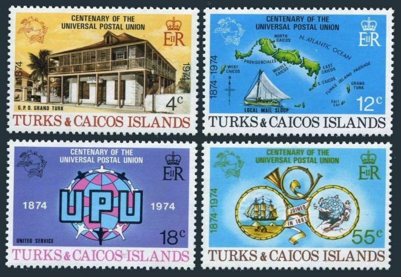 Turks & Caicos 293-296,MNH.Michel 335-338. UPU-100,1974.Map,Sailing ships,Horn.