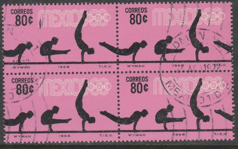 MEXICO 993, 80¢ Gymnastics 4th Pre-Olympic Set Used BLOCK OF 4. VF. (548)